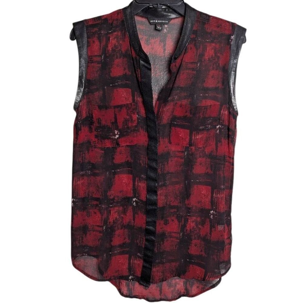 Rock & Republic Red & Black Sleeveless Sheer Leather Trim Blouse Top Womens S